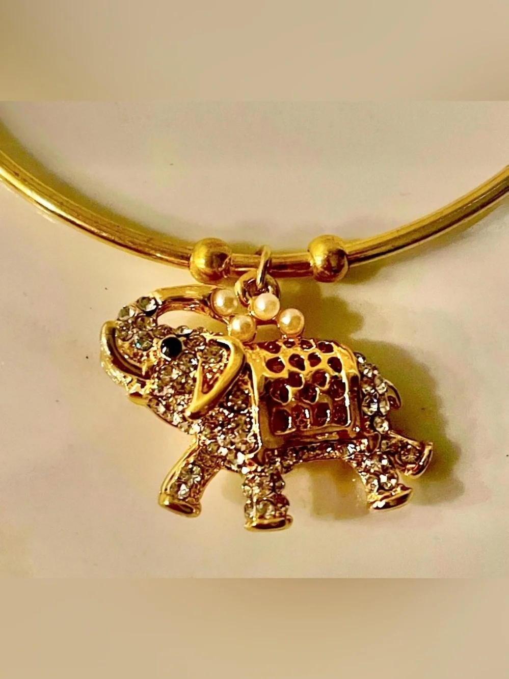 Elephant Charm Gold Tone Cuff Bracelet Rhinestone Pearl Adjustable